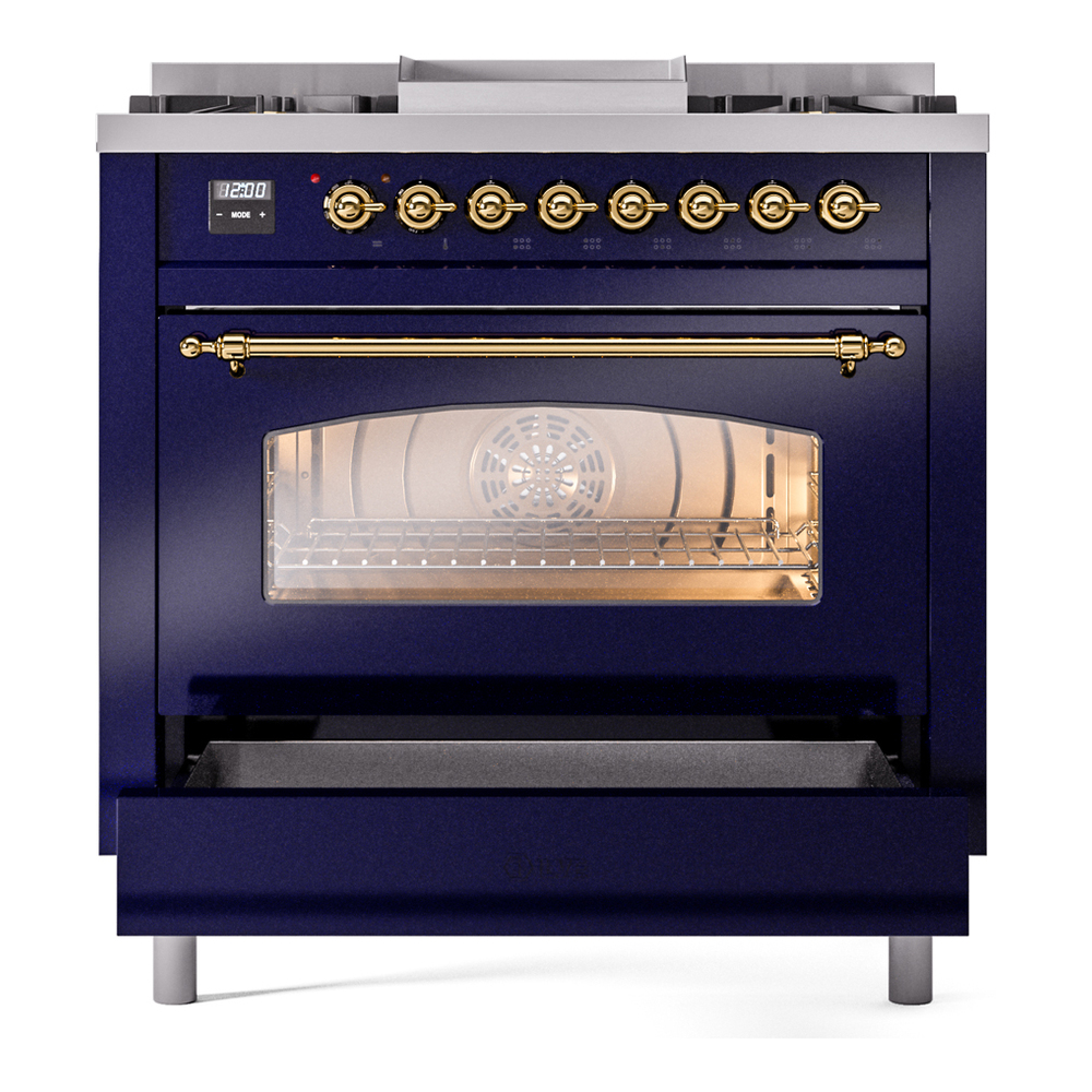 ILVE Nostalgie II 36" UP36FNMPMBG Dual Fuel Range drawer opened