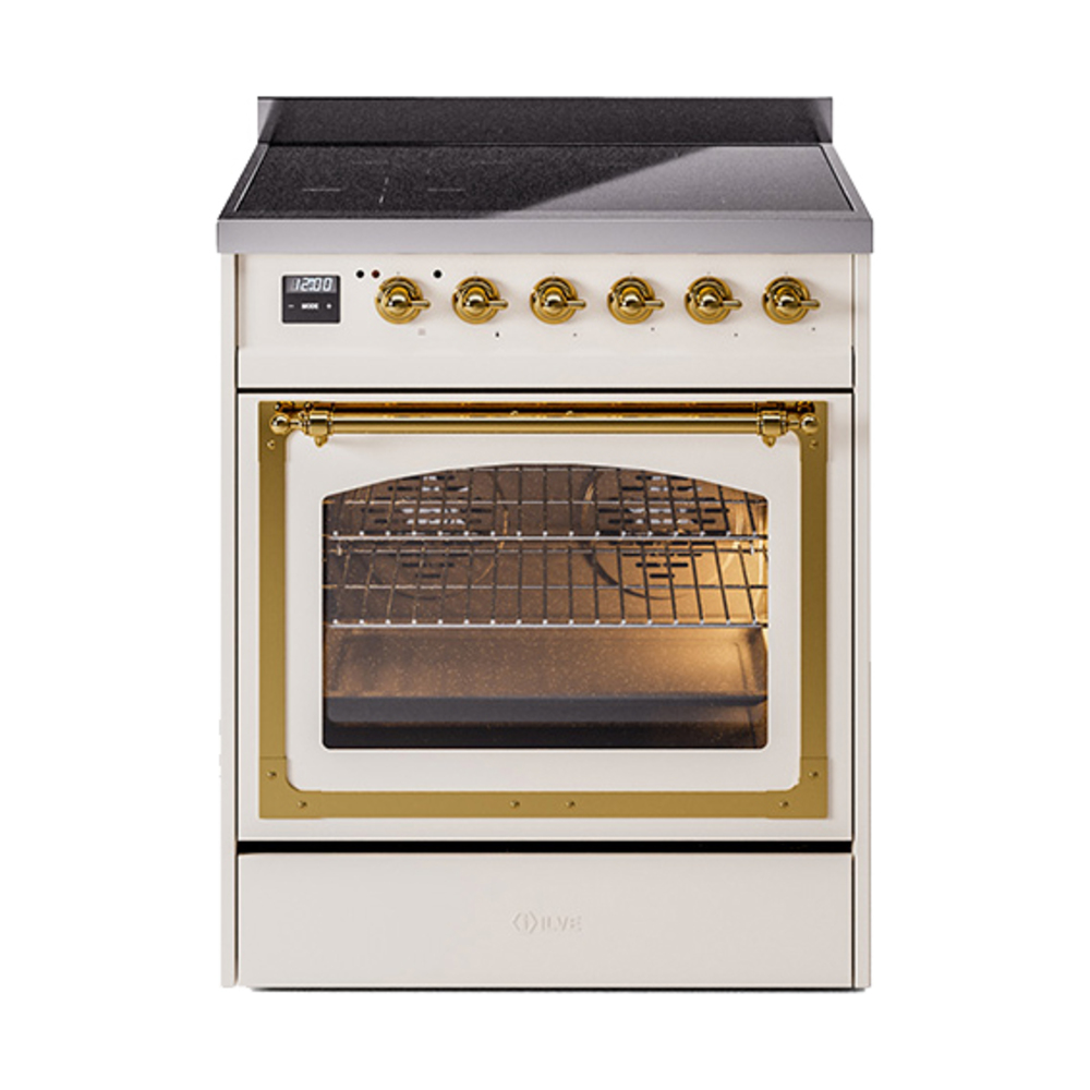 ILVE UNI304NMPAWG Nostalgie II Noblesse 30 inch Induction Range (Triple Glass Door, Antique White, Brass)