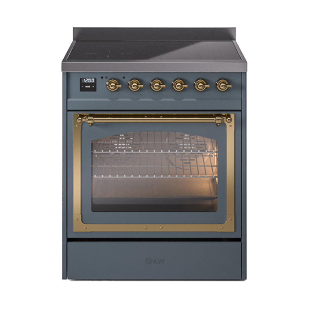 ILVE UNI304NMPBGG Nostalgie II Noblesse 30 inch Induction Range (Triple Glass Door, Blue Grey, Brass)