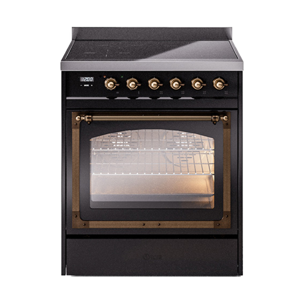 ILVE UNI304NMPBKB Nostalgie II Noblesse 30 inch Induction Range (Triple Glass Door, Glossy Black, Burnished)