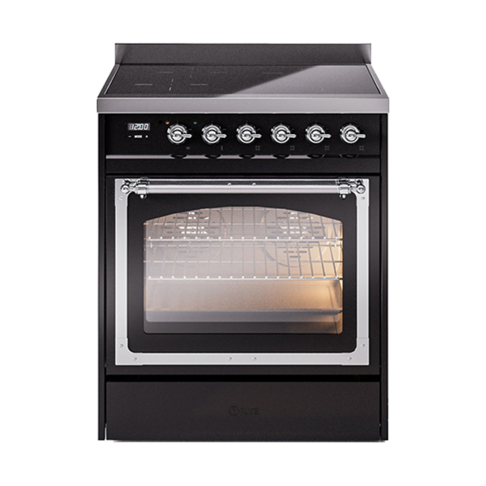 ILVE UNI304NMPBKC Nostalgie II Noblesse 30 inch Induction Range (Triple Glass Door, Glossy Black, Chrome)