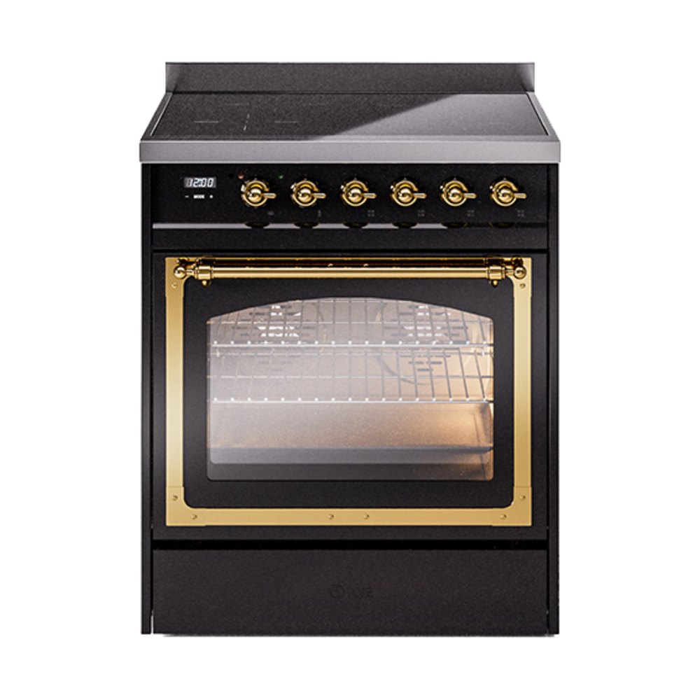 ILVE UNI304NMPBKG Nostalgie II Noblesse 30 inch Induction Range (Triple Glass Door, Glossy Black, Brass)