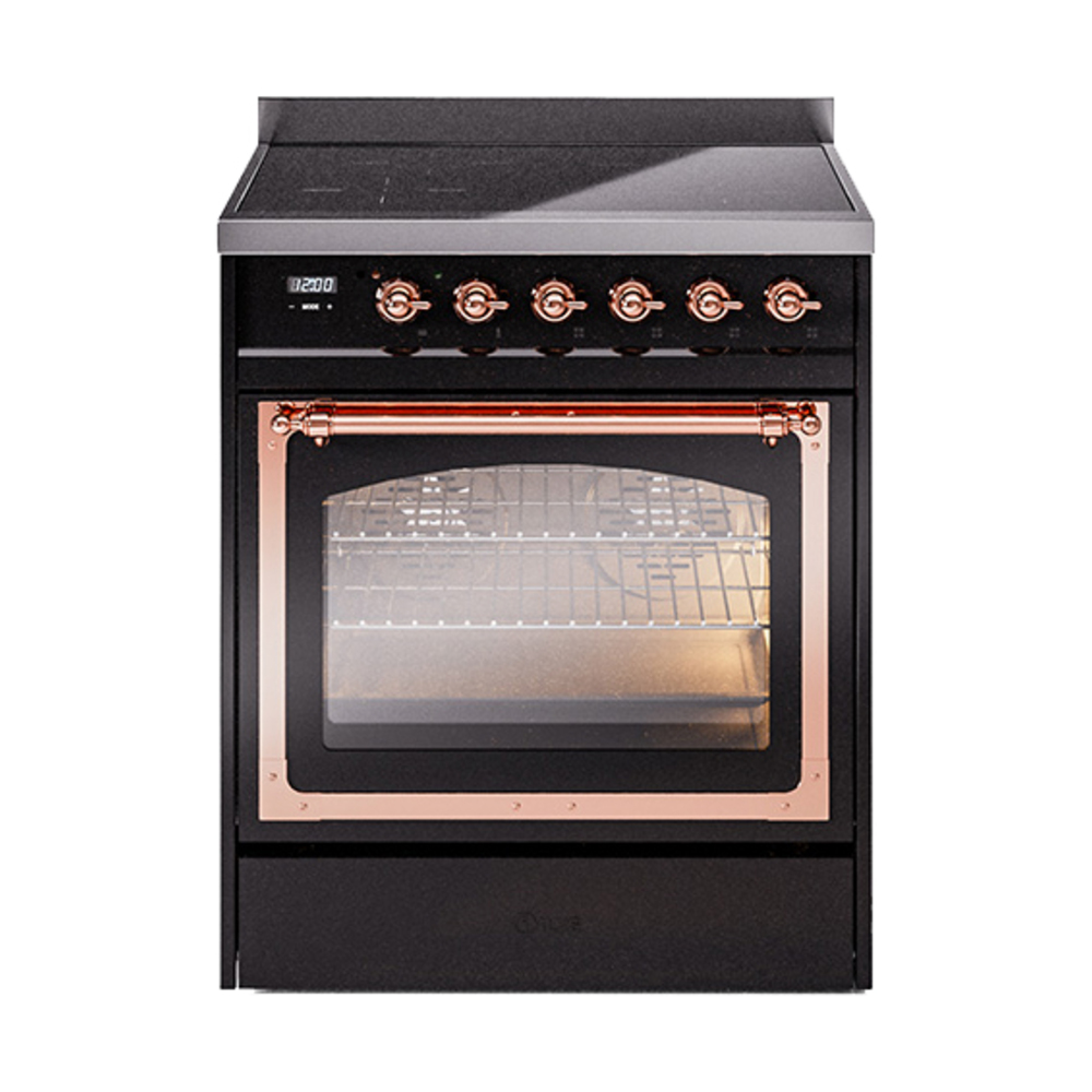ILVE UNI304NMPBKP Nostalgie II Noblesse 30 inch Induction Range (Triple Glass Door, Glossy Black, Copper)