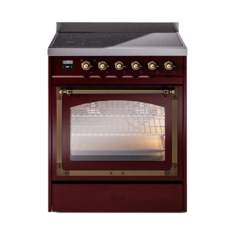 ILVE UNI304NMPBUB Nostalgie II Noblesse 30 inch Induction Range (Triple Glass Door, Burgundy, Burnished)