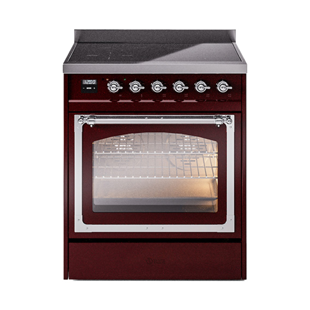 ILVE UNI304NMPBUC Nostalgie II Noblesse 30 inch Induction Range (Triple Glass Door, Burgundy, Chrome)
