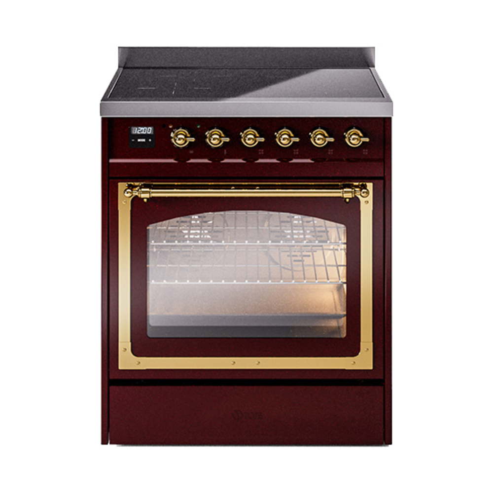 ILVE UNI304NMPBUG Nostalgie II Noblesse 30 inch Induction Range (Triple Glass Door, Burgundy, Brass)
