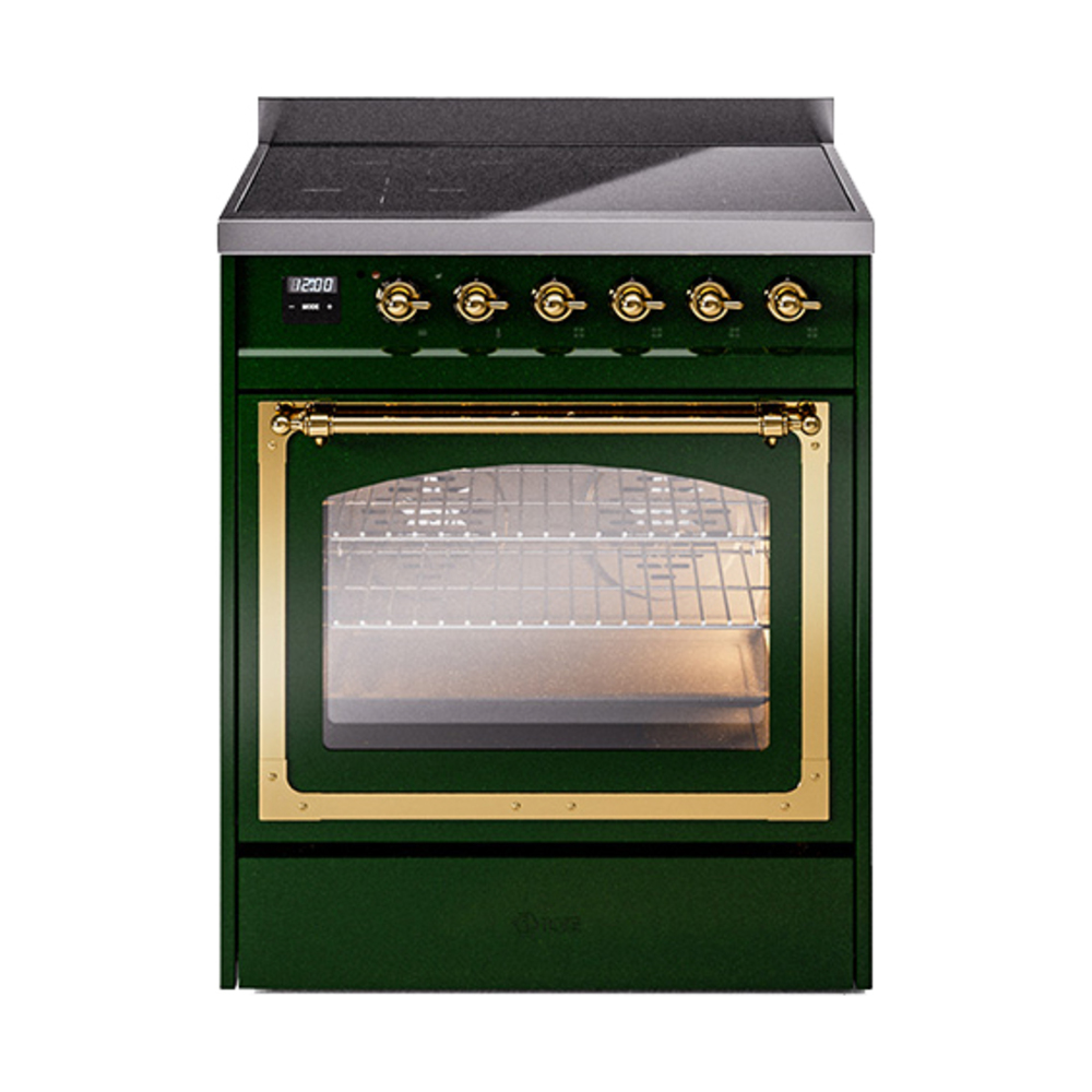 ILVE UNI304NMPEGG Nostalgie II Noblesse 30 inch Induction Range (Triple Glass Door, Emerald Green, Brass)