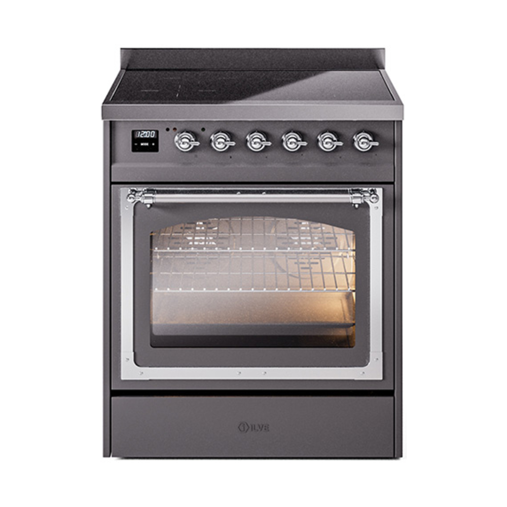 ILVE UNI304NMPMGC Nostalgie II Noblesse 30 inch Induction Range (Triple Glass Door, Graphite Matte, Chrome)
