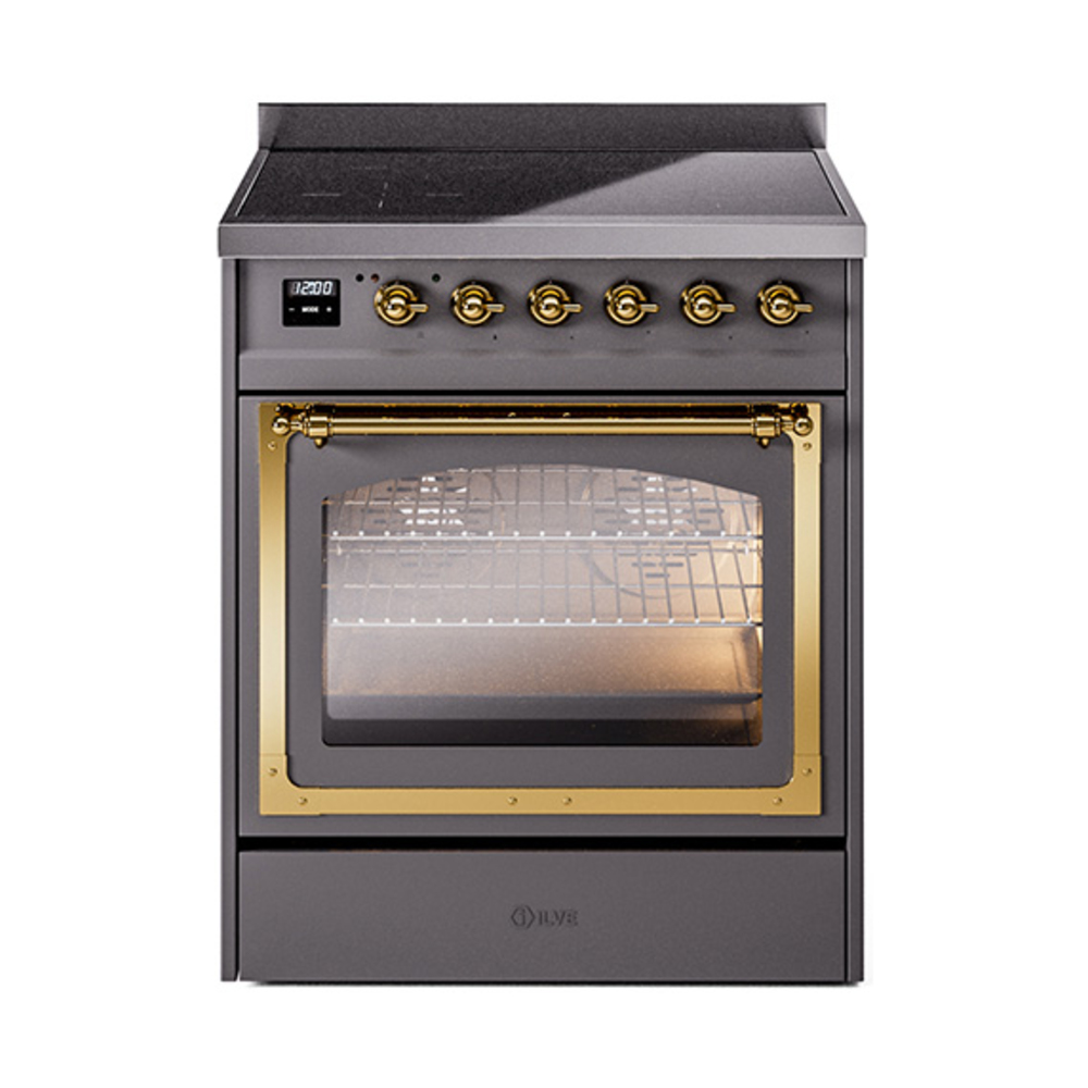 ILVE UNI304NMPMGG Nostalgie II Noblesse 30 inch Induction Range (Triple Glass Door, Graphite Matte, Brass)