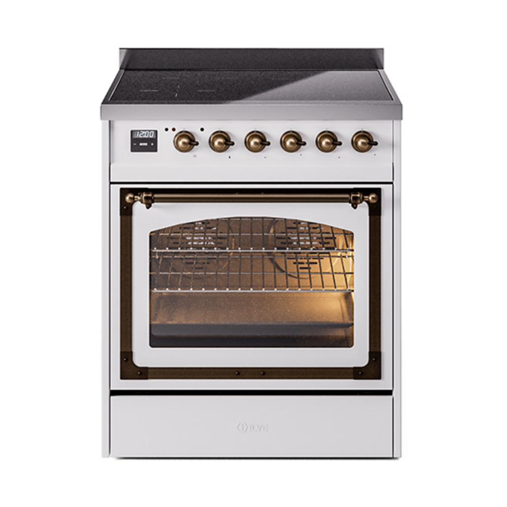 ILVE UNI304NMPWHB Nostalgie II Noblesse 30 inch Induction Range (Triple Glass Door, White, Burnished)