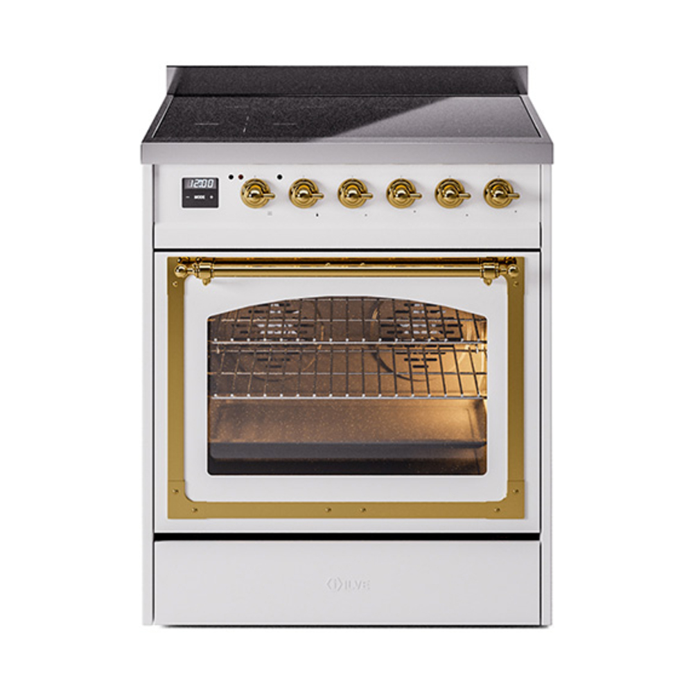 ILVE UNI304NMPWHG Nostalgie II Noblesse 30 inch Induction Range (Triple Glass Door, White, Brass)
