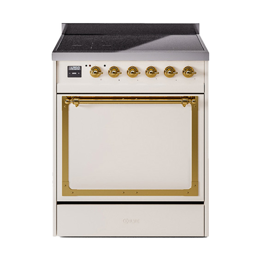 ILVE UNI304QNMPAWG Nostalgie II Noblesse 30 inch Induction Range (Solid Door, Antique White, Brass)