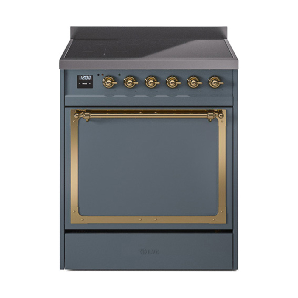 ILVE UNI304QNMPBGG Nostalgie II Noblesse 30 inch Induction Range (Solid Door, Blue Grey, Brass)