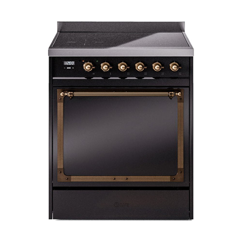 ILVE UNI304QNMPBKB Nostalgie II Noblesse 30 inch Induction Range (Solid Door, Glossy Black, Burnished)