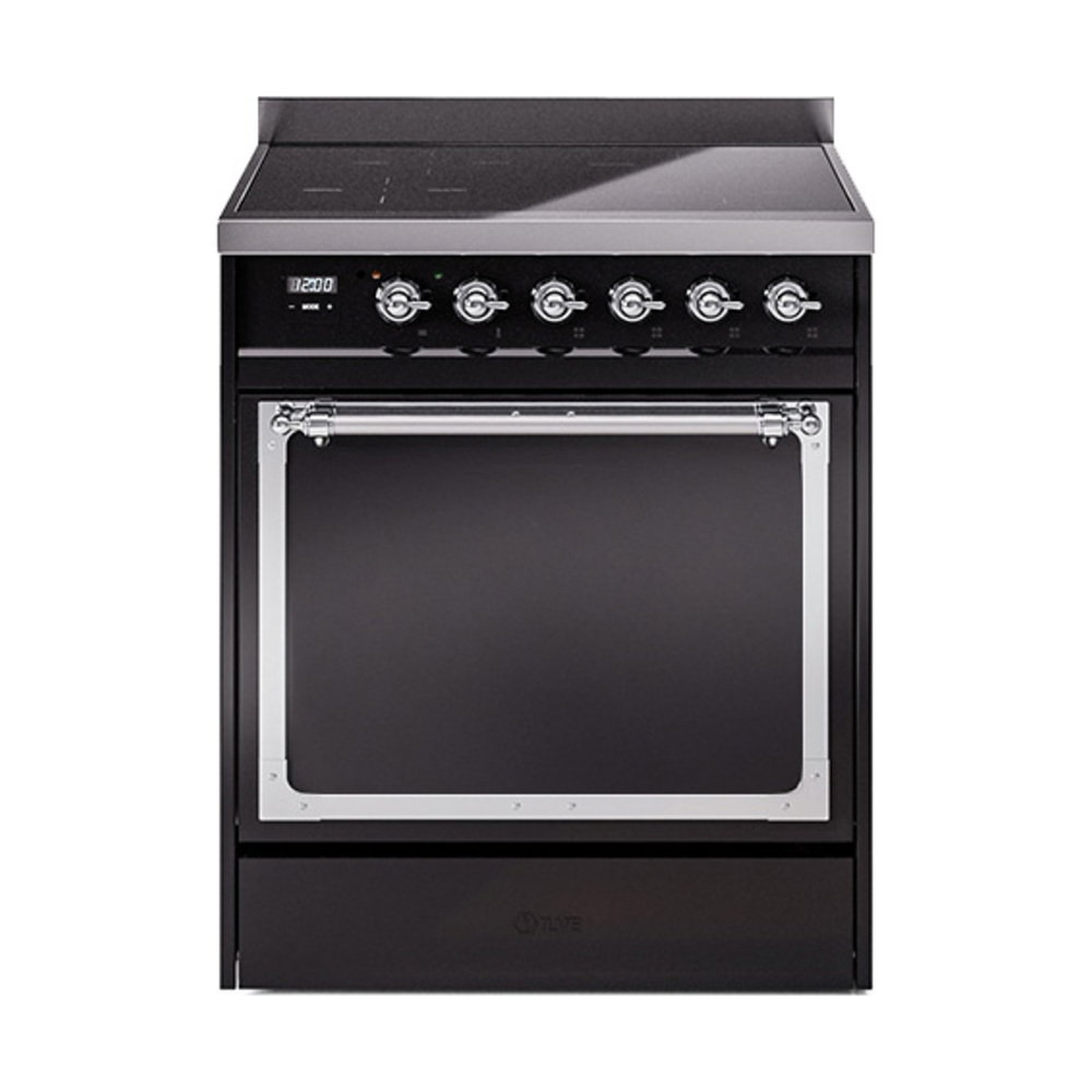 ILVE UNI304QNMPBKC Nostalgie II Noblesse 30 inch Induction Range (Solid Door, Glossy Black, Chrome)