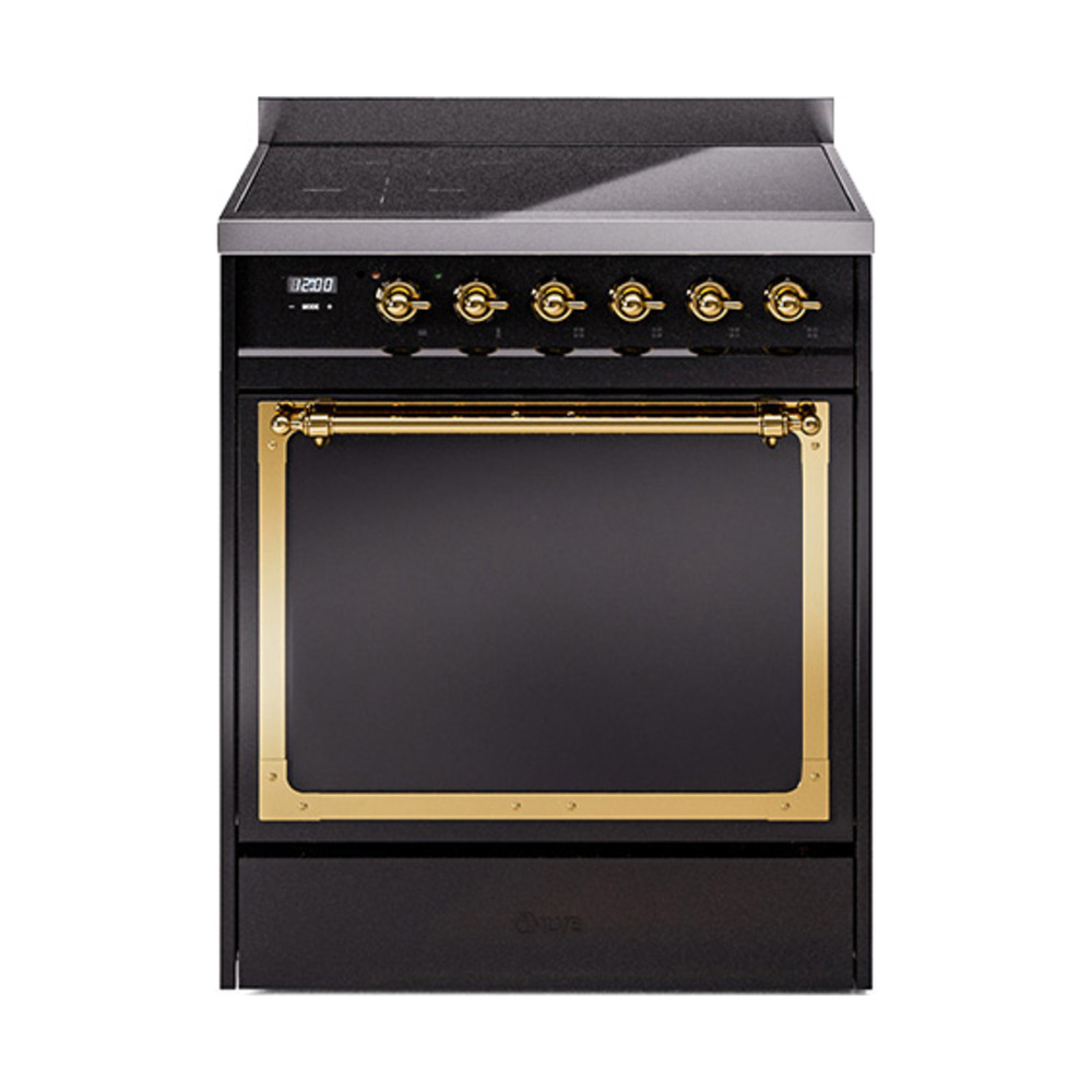 ILVE UNI304QNMPBKG Nostalgie II Noblesse 30 inch Induction Range (Solid Door, Glossy Black, Brass)