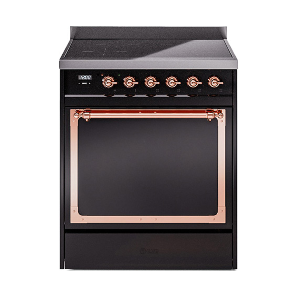 ILVE UNI304QNMPBKP Nostalgie II Noblesse 30 inch Induction Range (Solid Door, Glossy Black, Copper)