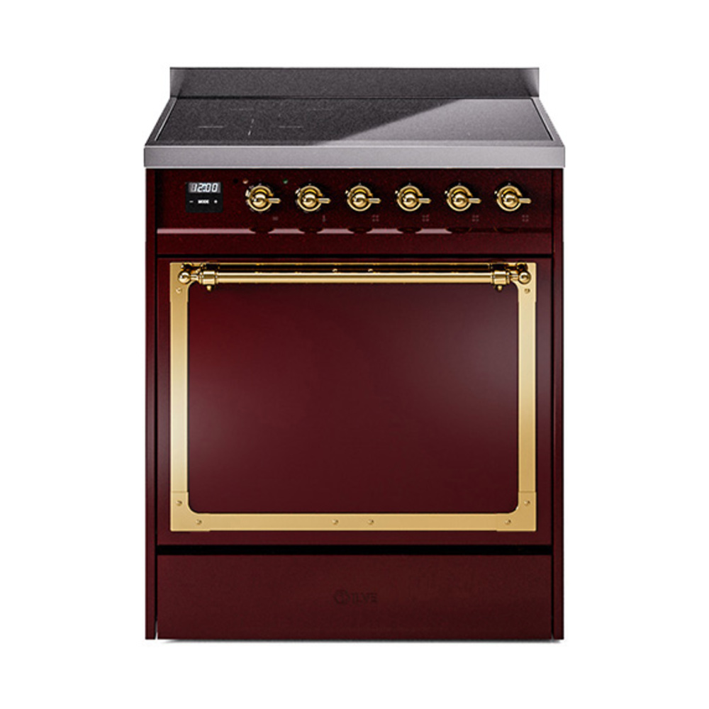 ILVE UNI304QNMPBUG Nostalgie II Noblesse 30 inch Induction Range (Solid Door, Burgundy, Brass)