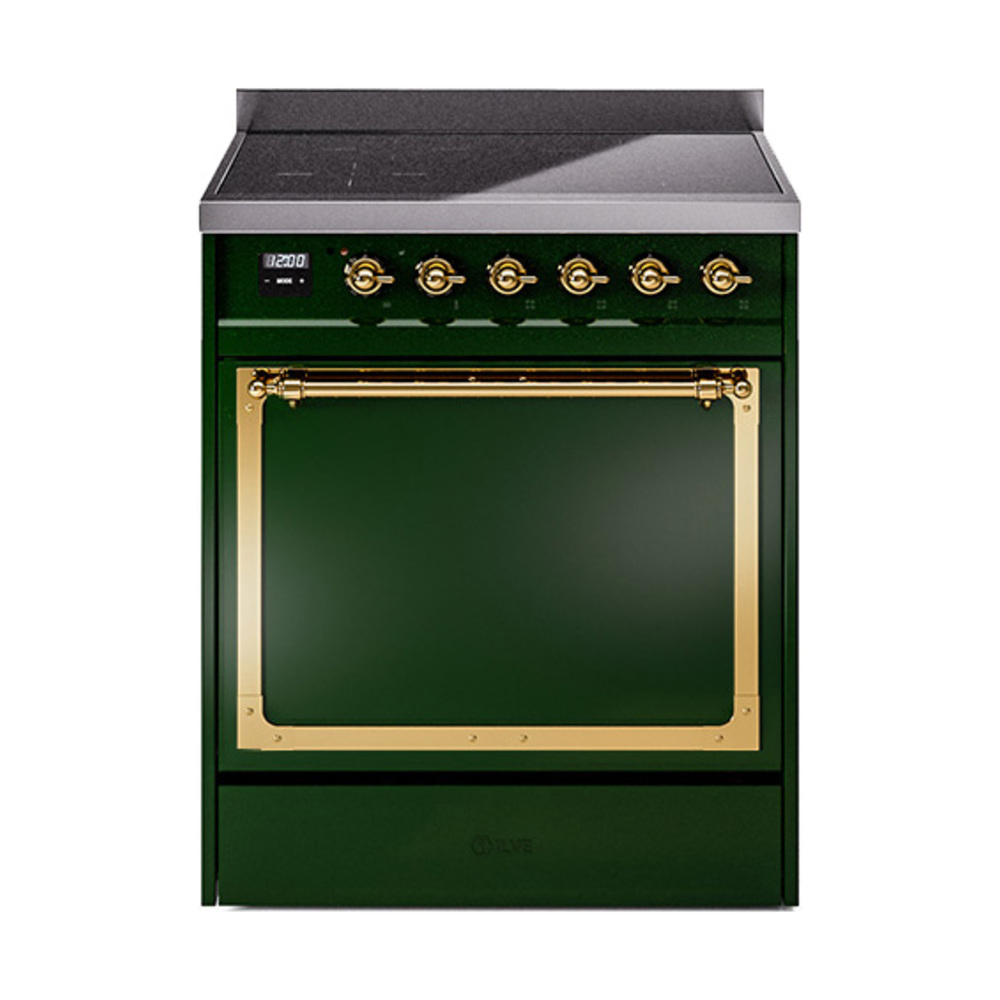 ILVE UNI304QNMPEGG Nostalgie II Noblesse 30 inch Induction Range (Solid Door, Emerald Green, Brass)