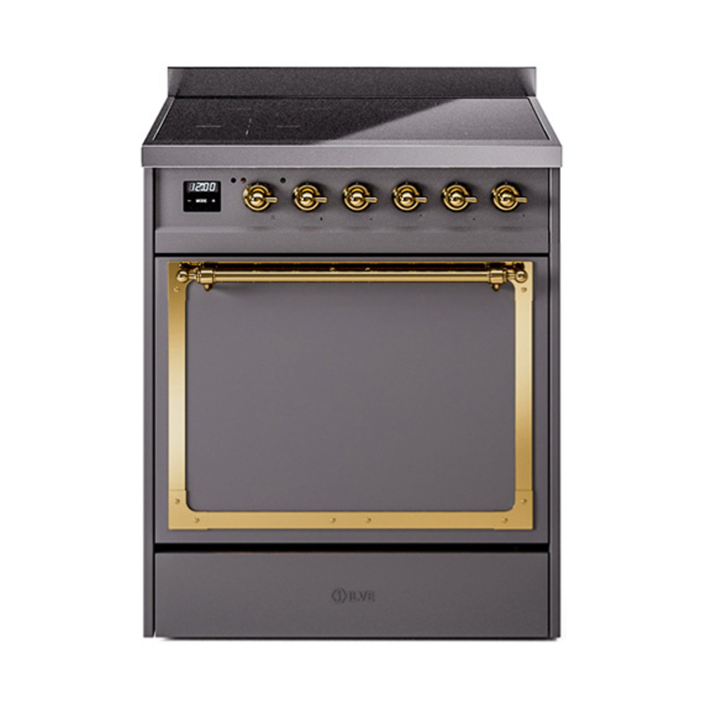 ILVE UNI304QNMPMGG Nostalgie II Noblesse 30 inch Induction Range (Solid Door, Graphite Matte, Brass)