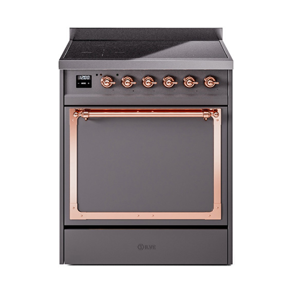 ILVE UNI304QNMPMGP Nostalgie II Noblesse 30 inch Induction Range (Solid Door, Graphite Matte, Copper)