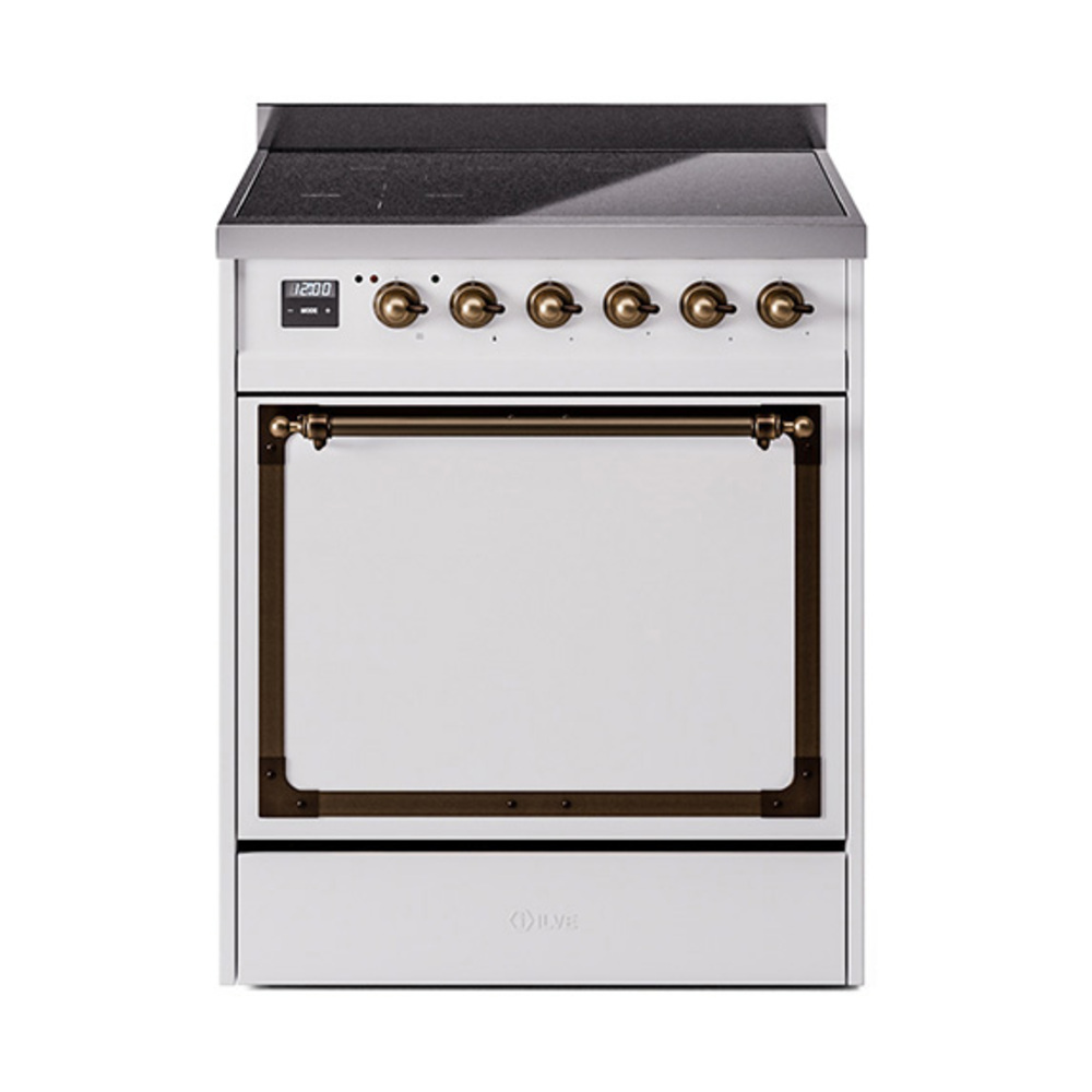 ILVE UNI304QNMPWHB Nostalgie II Noblesse 30 inch Induction Range (Solid Door, White, Burnished)