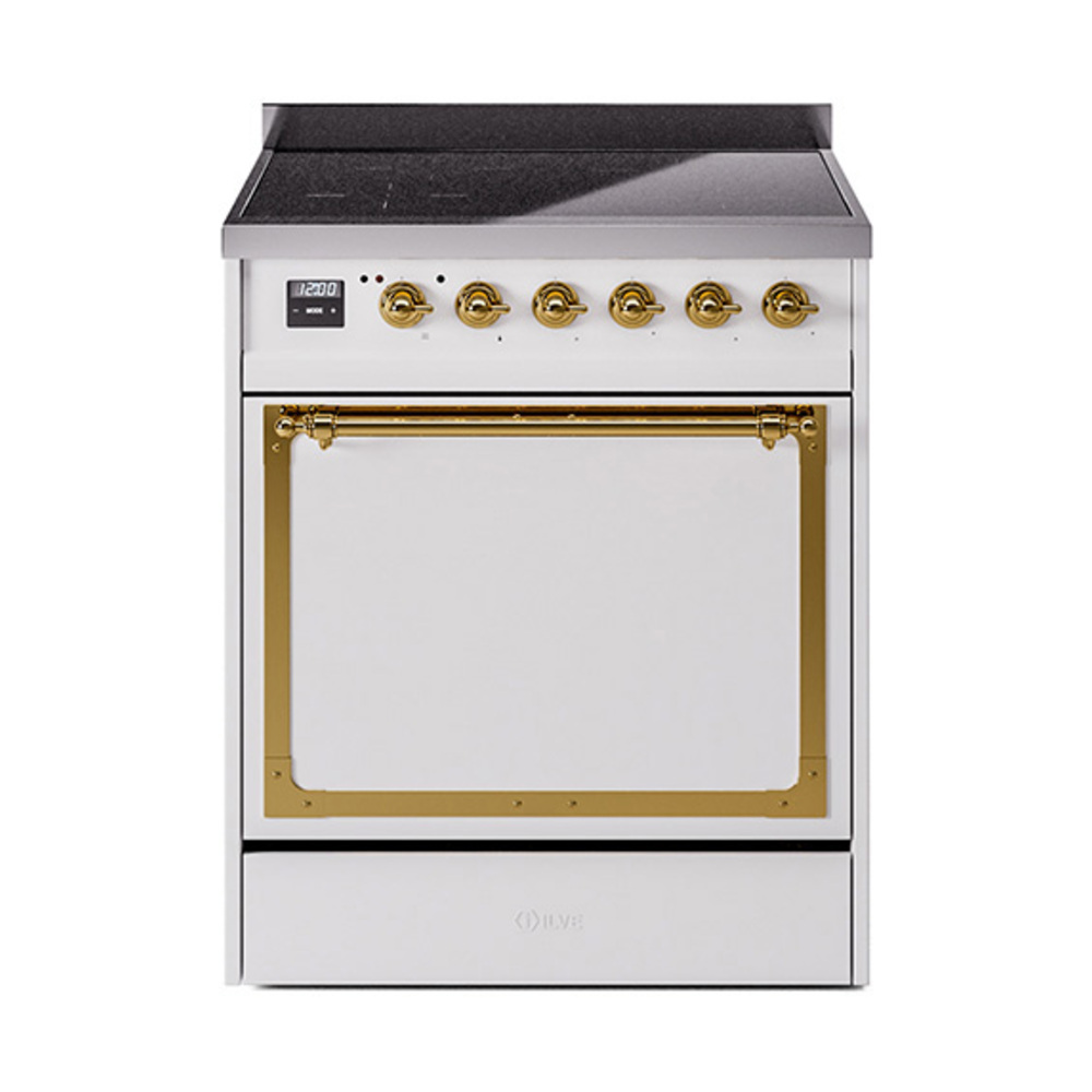 ILVE UNI304QNMPWHG Nostalgie II Noblesse 30 inch Induction Range (Solid Door, White, Brass)