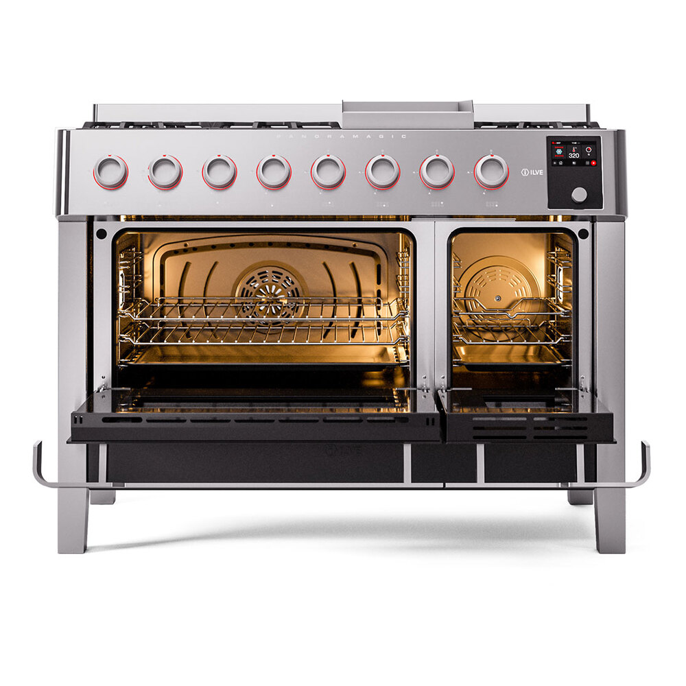 ILVE UPM12FDS3SSLP Panoramagic 48" Dual Fuel Range, oven doors opened