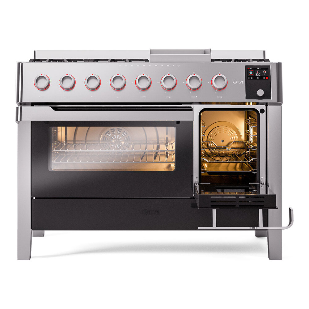 ILVE UPM12FDS3SSLP Panoramagic 48" Dual Fuel Range, side oven door opened