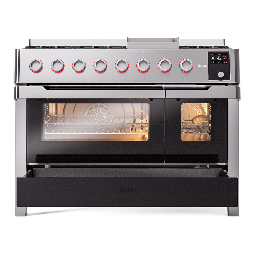ILVE UPM12FDS3SSLP Panoramagic 48" Dual Fuel Range, drawer opened