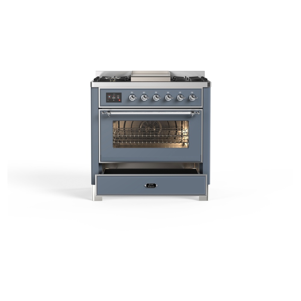 ILVE_UM09FDNS3BGC_Majestic_II_36"_Dual_Fuel_Range_drawer_opened