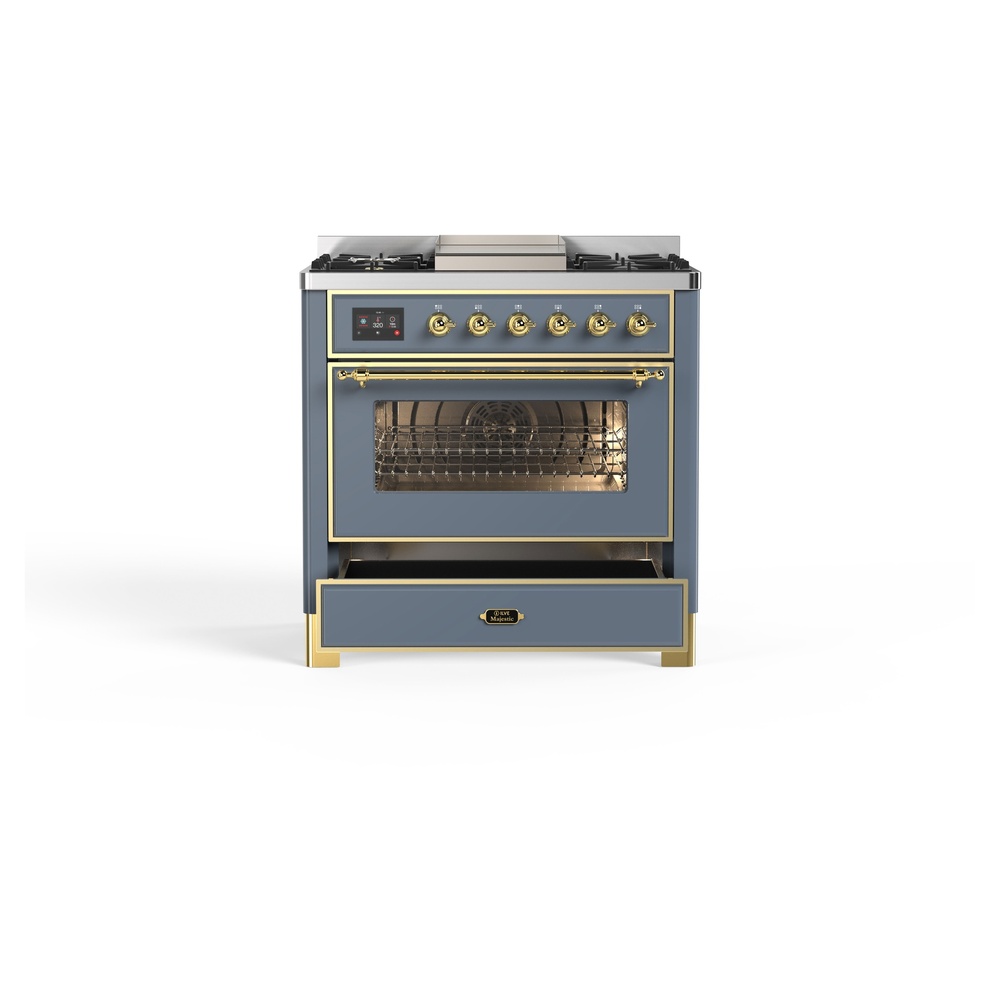 ILVE_UM09FDNS3BGG_Majestic_II_36"_Dual_Fuel_Range_drawer_opened