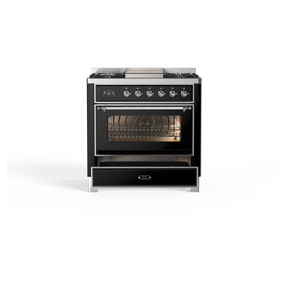 ILVE_UM09FDNS3BKC_Majestic_II_36"_Dual_Fuel_Range_drawer_opened