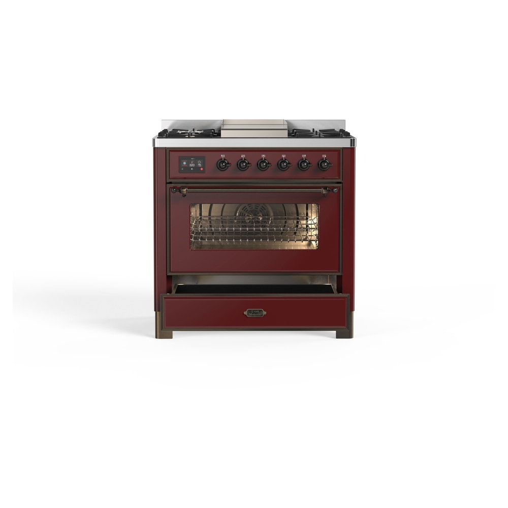 ILVE_UM09FDNS3BUB_Majestic_II_36"_Dual_Fuel_Range_drawer_opened