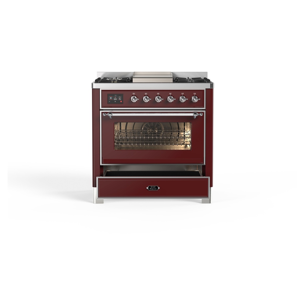 ILVE_UM09FDNS3BUCLP_Majestic_II_36"_Dual_Fuel_Range_drawer_opened