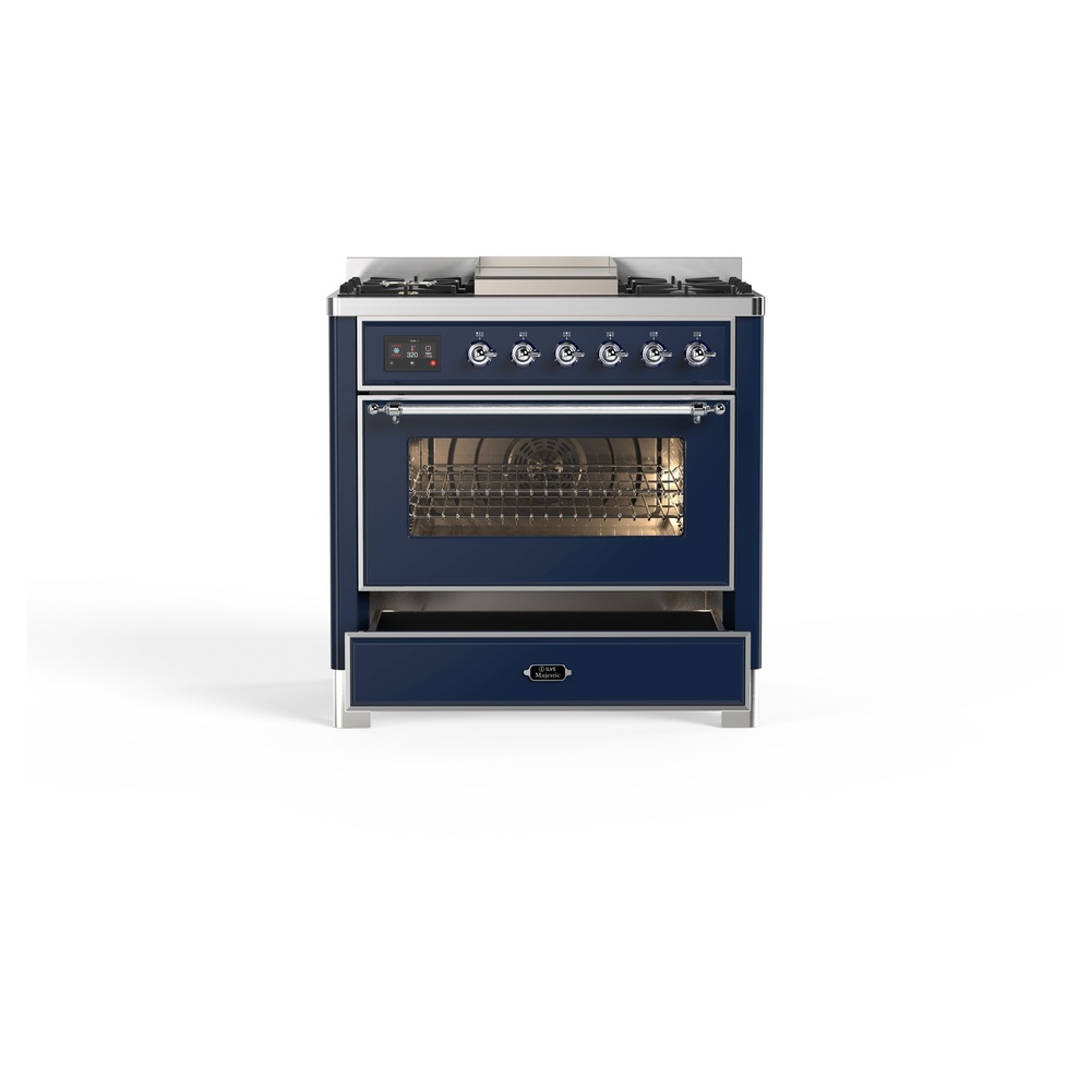 ILVE_UM09FDNS3MBCLP_Majestic_II_36"_Dual_Fuel_Range_drawer-opened