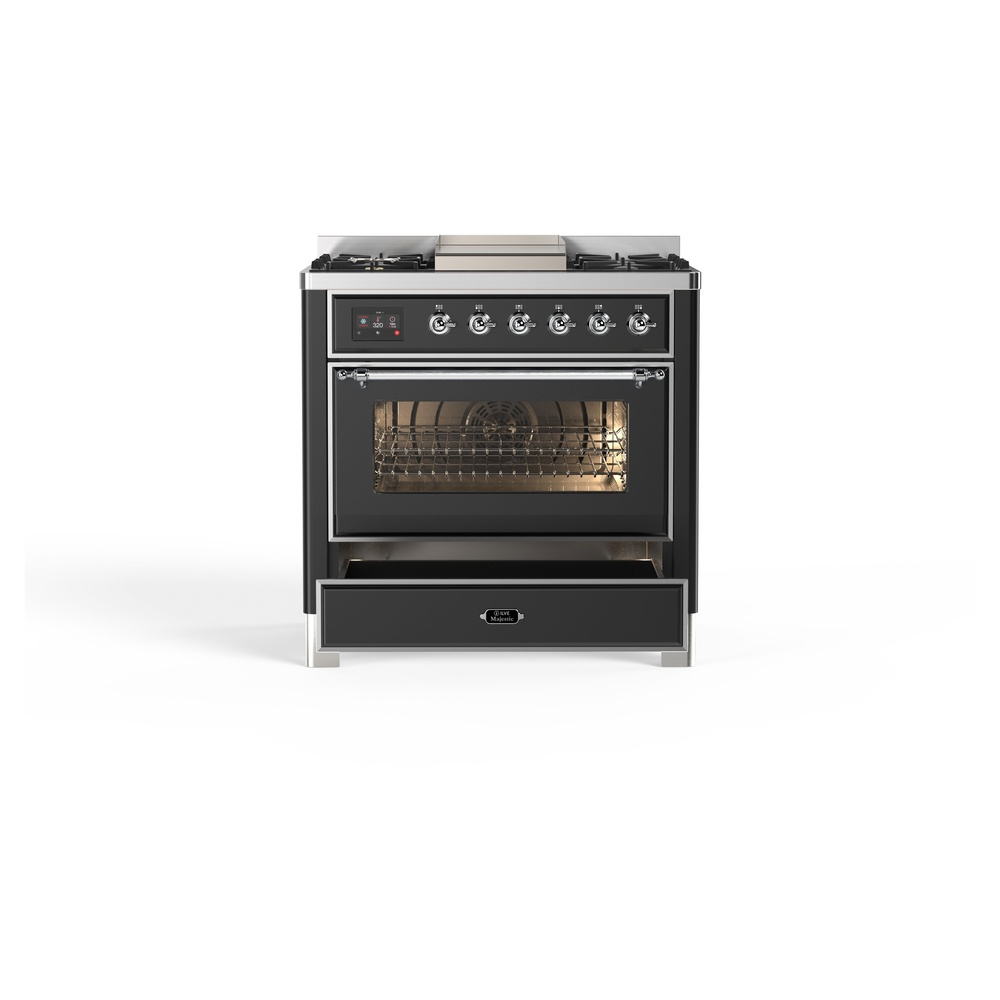ILVE_UM09FDNS3MGC_Majestic_II_36"_Dual_Fuel_Range_drawer_opened