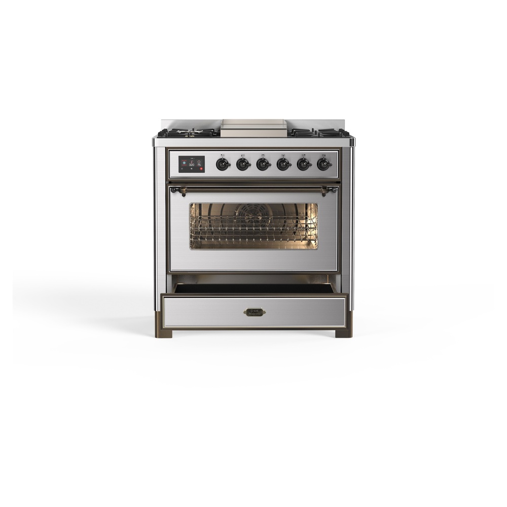 ILVE_UM09FDNS3SSB_Majestic_II_36"_Dual_Fuel_Range_drawer_opened