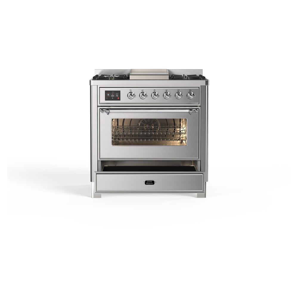 ILVE_UM09FDNS3SSCLP_Majestic_II_36"_Dual_Fuel_Range_drawer_opened