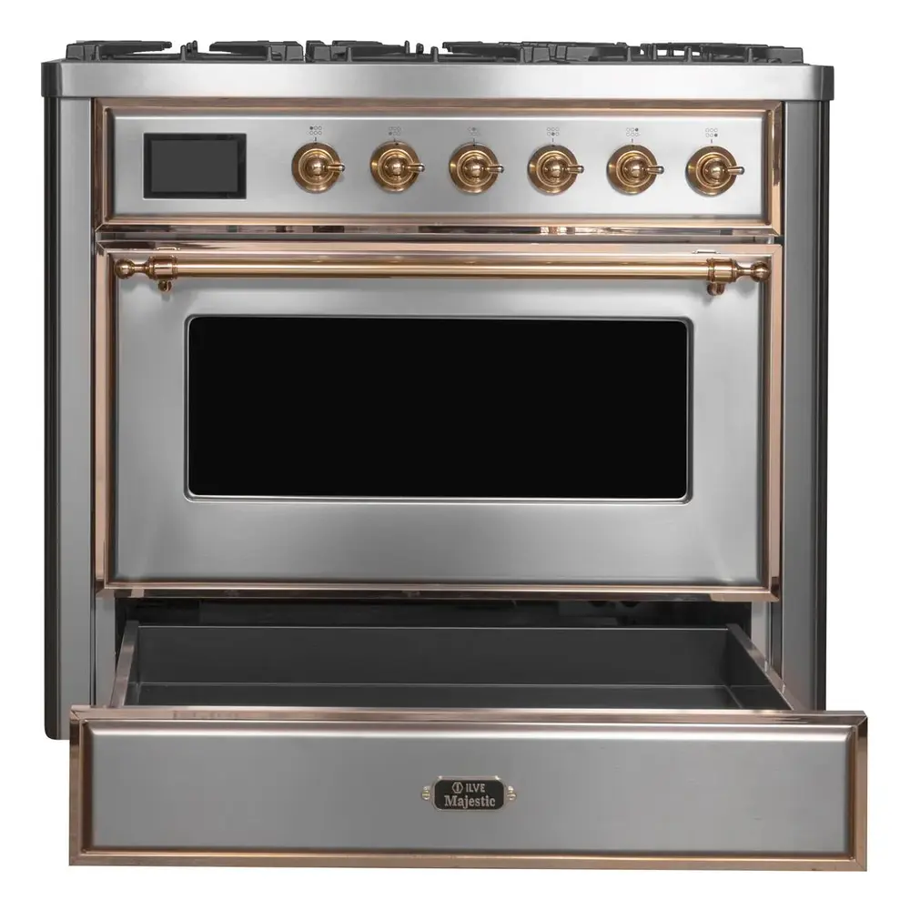 ILVE_UM09FDNS3SSPLP_Majestic_II_36"_Dual_Fuel_Range_drawer_opened