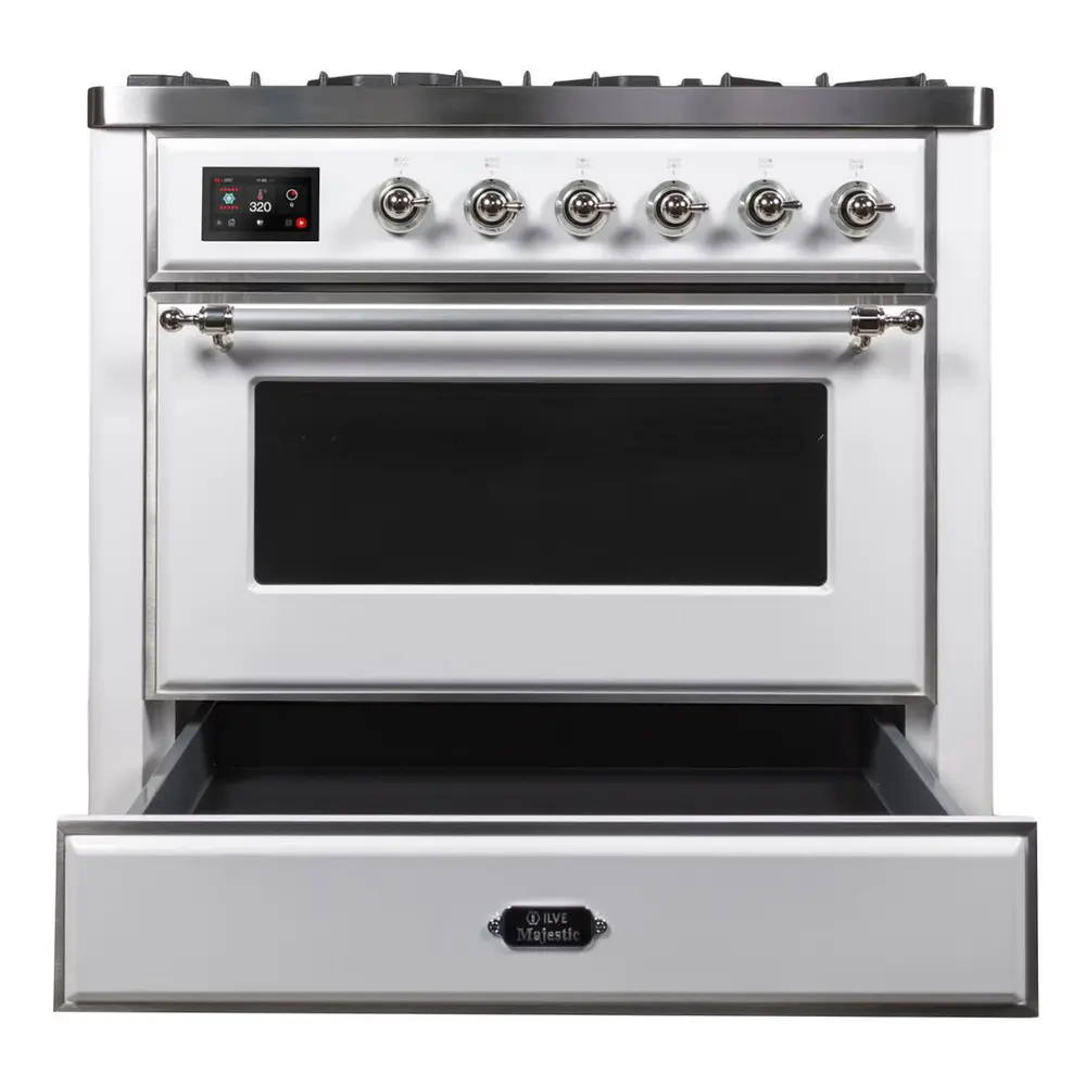 ILVE_UM09FDNS3WHCLP_Majestic_II_36"_Dual_Fuel_Range_drawer_opened