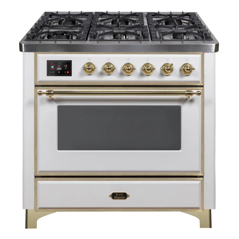 ILVE_UM09FDNS3WHGLP_Majestic_II_36"_Dual_Fuel_Range_front_angle