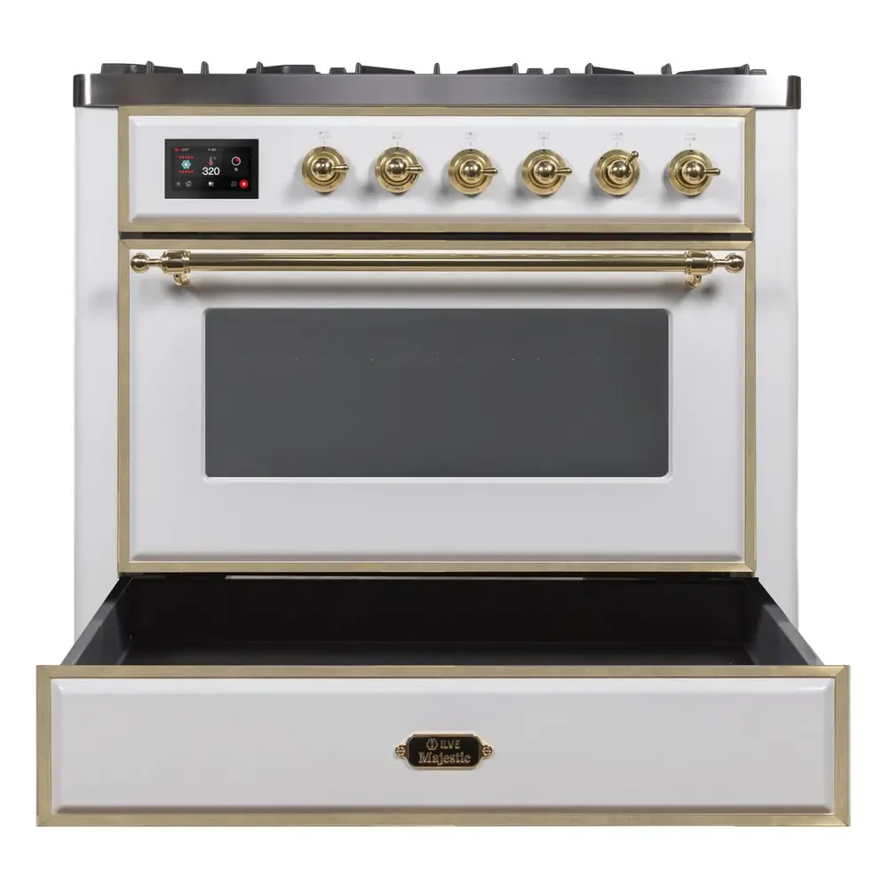 ILVE_UM09FDNS3WHG_Majestic_II_36"_Dual_Fuel_Range_drawer_opened