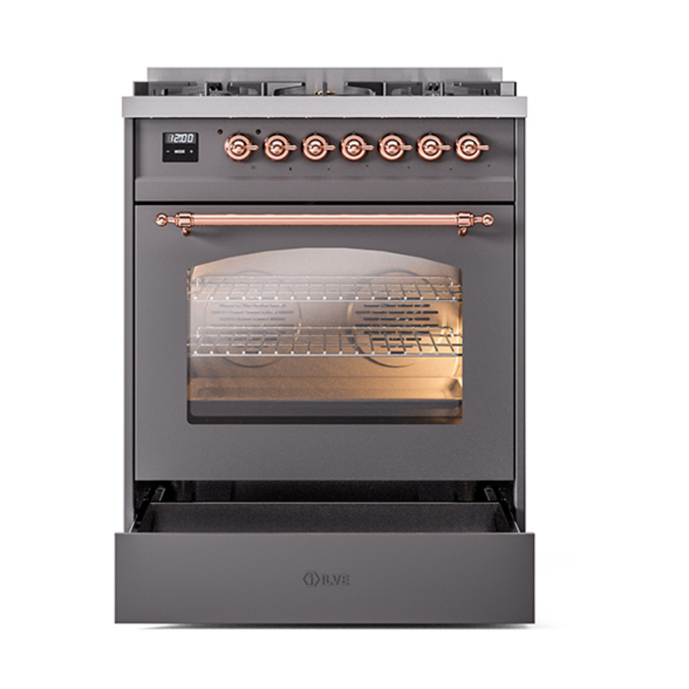 ILVE_UP30NMPMGPLP_Nostalgie_II_30"_Dual_Fuel_Range_drawer_opened