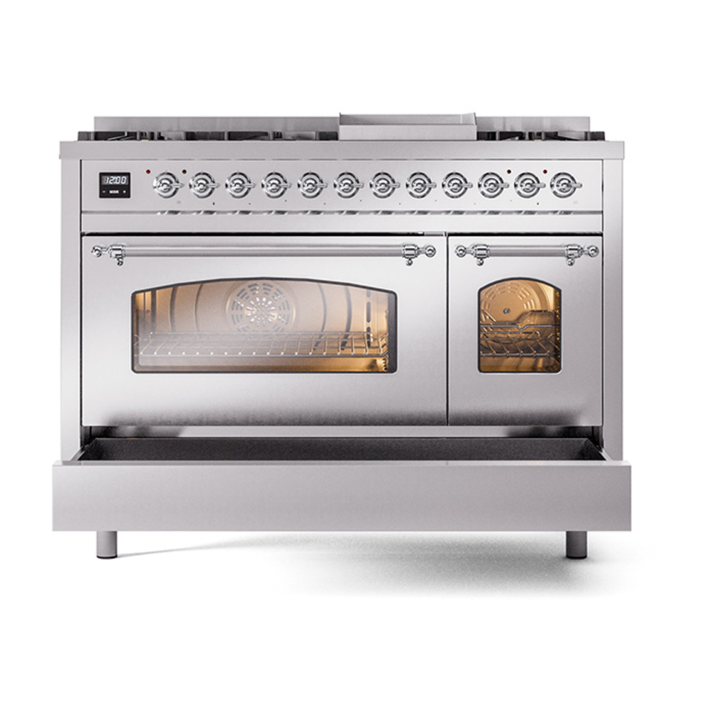 ILVE_UP48FNMPSSCLP_Nostalgie_II_48"_Dual_Fuel_Range_drawer_opened