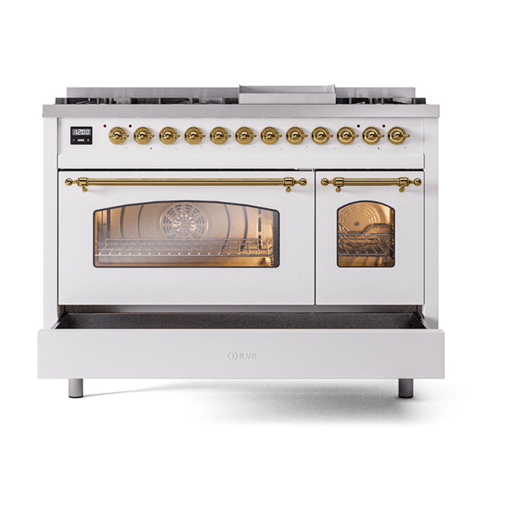 ILVE_UP48FNMPWHGLP_Nostalgie_II_48"_Dual_Fuel_Range_drawer_opened
